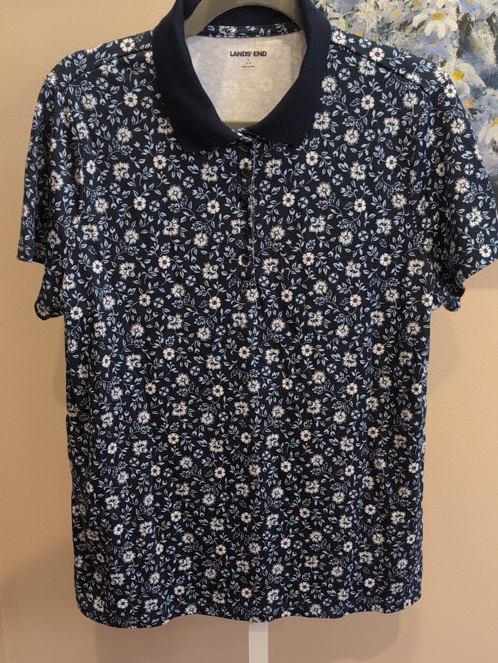 Lands' End Women's Navy Floral Polo Top